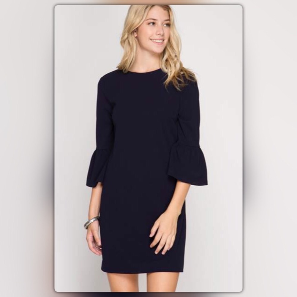 Navy Blue Body Skimming Bell Sleeve Dress